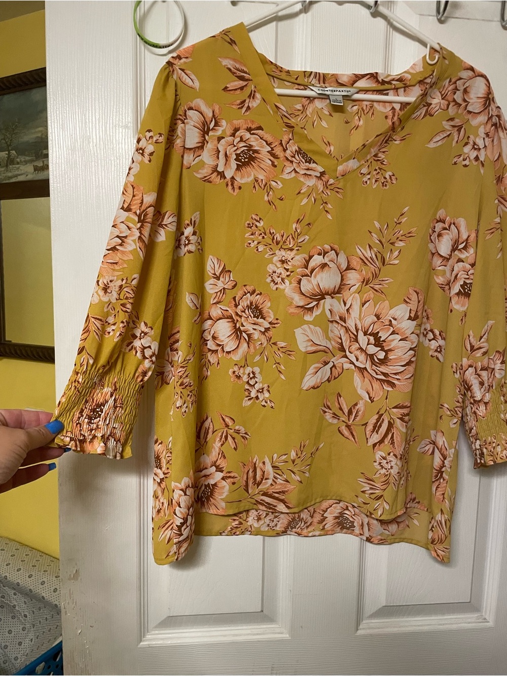 Counterparts Mustard Floral V-Neck Blouse with Pink Blooms